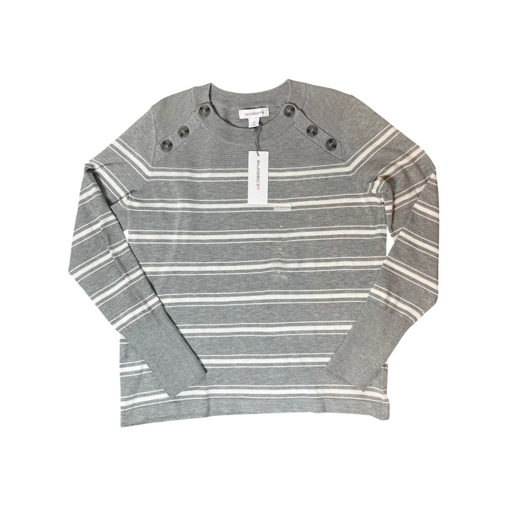NWT Liz Claiborne Womens Striped Button Shoulder Sweater‎ Gray White Medium
